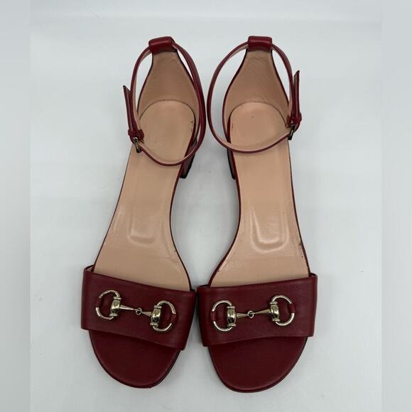 Gucci Burgundy red leather Horsebit ankle strap peep toe low heel sandals EU38.5 - Picture 2 of 11